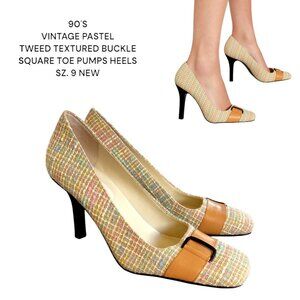 VINTAGE 90'S TWEED PASTEL BUCKLE SQUARE TOE PUMPS HEELS SIZE 9 NEW